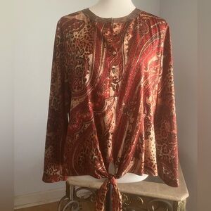 Chicos Animal Paisley Satin Print Sequin Neck, Front Bottom Tie Button Up Size L